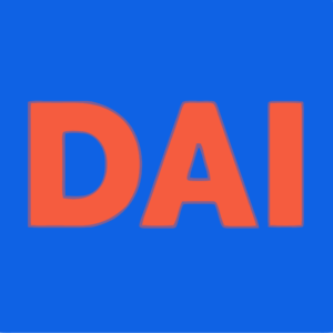 Bold red letters spelling “DAI” centered on a solid blue background, representing a logo design - Dental Assisting Institute