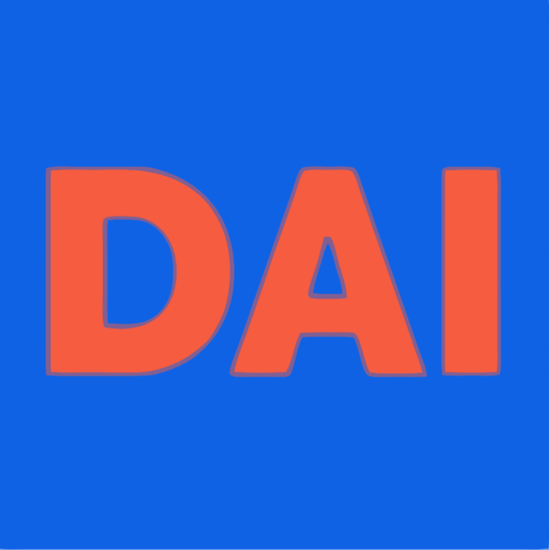 Bold red letters spelling “DAI” centered on a solid blue background, representing a logo design - Dental Assisting Institute